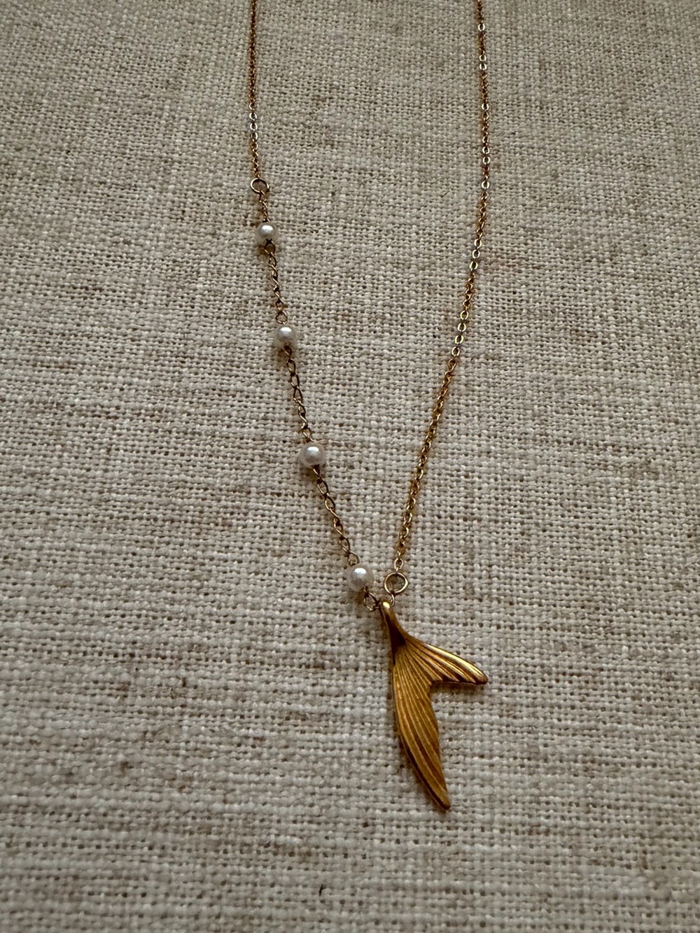 Gold Mermaid Tail Pendant Necklace with Pearl Accents